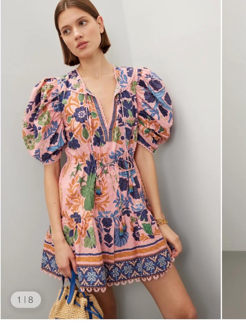 FARM Rio Pink Multi Floral Puff Sleeve Seashell Mini Dress Medium